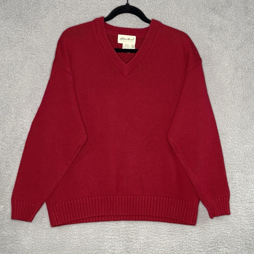 Eddie Bauer Sweater Heavy Cotton Mens M Red Pullover V Neck Long Sleeve Thick